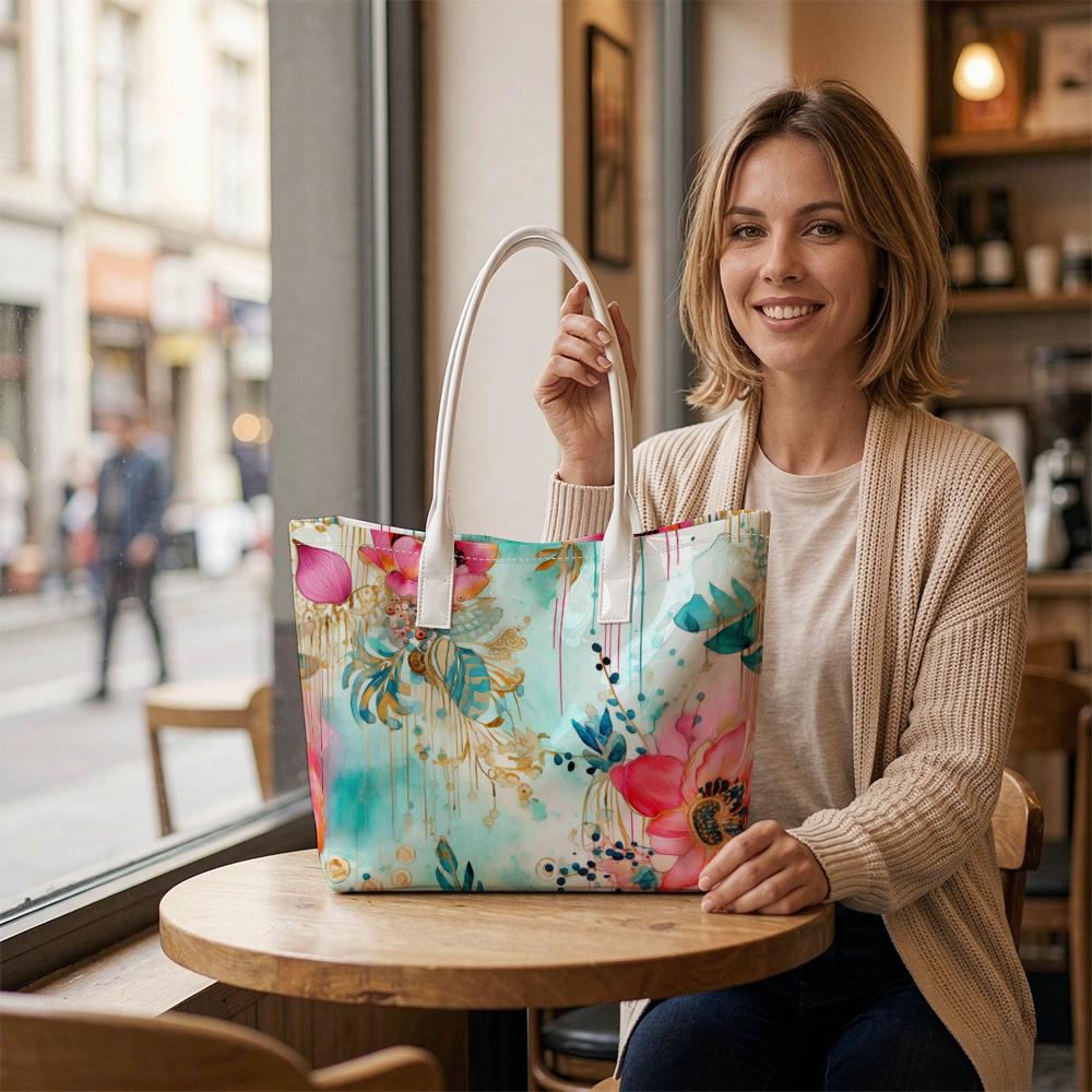 Watercolor Floral Print Casual Tote Bag Stylish Daily Shoulder Bag for Women