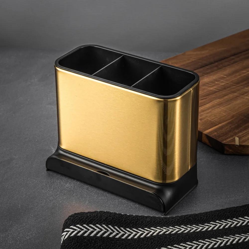 3 Compartment Kitchen Sink Caddy Gold Removable Tray Organizer Sponges Brushes Cleaning Tools Stylish Compact Durable Non-Slip