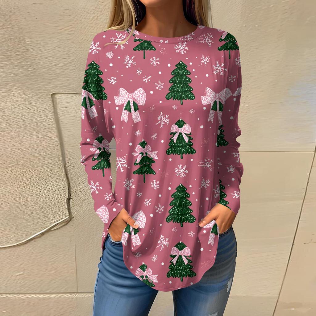 Tee Shirts For Women Casual Round Neck Long Sleeve Shirts Christmas Printing Top Pullover
