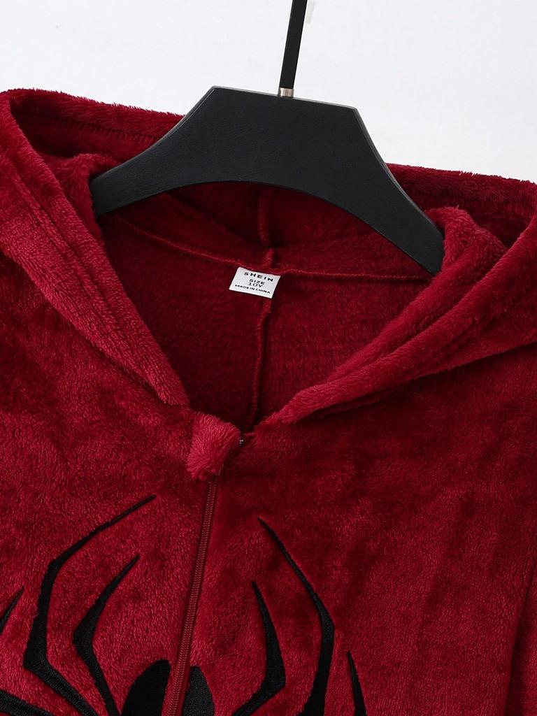 Pigiama Intero con Cappuccio a Manica Lunga da Ragazzo Colore Borgogna con Grafica di Ragno e Zip Caldo e Accogliente per Bambini Autunno Inverno