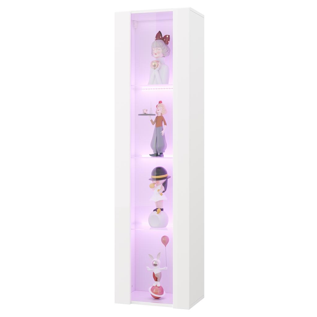 40 x 29 x 170 cm, Vitrine, Glasböden, LED-Farbwechselbeleuchtung, APP-Steuerung, Acrylplatte, wandmontierbar, minimalistisches Design, weiß.