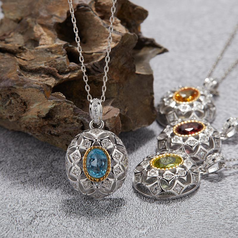 S925 Sterling Silver Natural Citrine Peridot Garnet Topaz Colored Treasure Necklace Women'S Oval Pendant