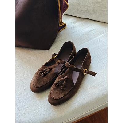 Cowhide Version~ Genuine Leather Niche Fringed Genuine Leather Light Mouth Single Shoes T-buckle Belt Mary Jane Shoes Women's Flat Bottom
