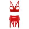 Ladies Glossy PU Leather Clubwear Set Open Cup Wireless O-Ring Bralette plus Integrated Panty Tiered Mini Skirt with Garter Clips for Night Out