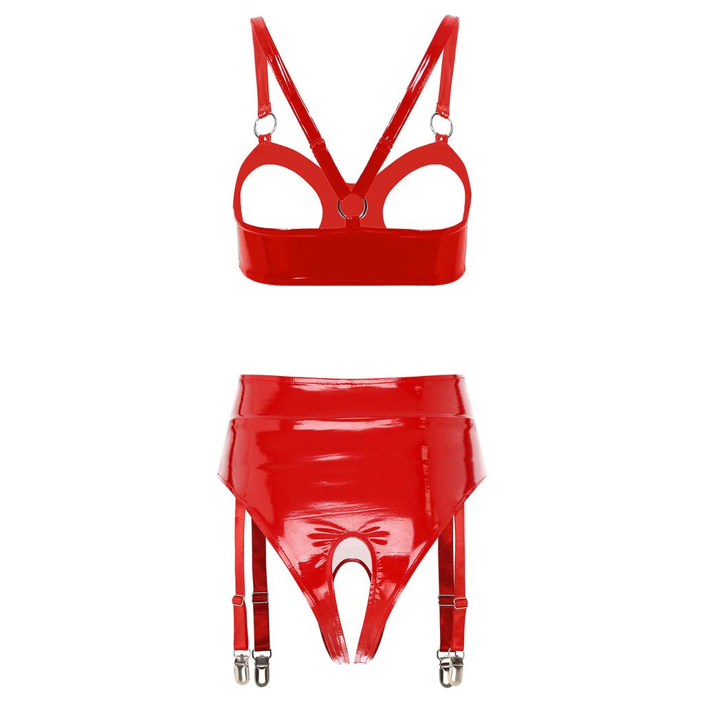 Ladies Glossy PU Leather Clubwear Set Open Cup Wireless O-Ring Bralette plus Integrated Panty Tiered Mini Skirt with Garter Clips for Night Out