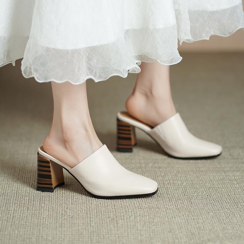 Fashion 2025 New Genuine Leather Fashion Shoes Women High Heels Square Toe Mules Slippers Ladies Office Dress Shoes Sandales Pumps