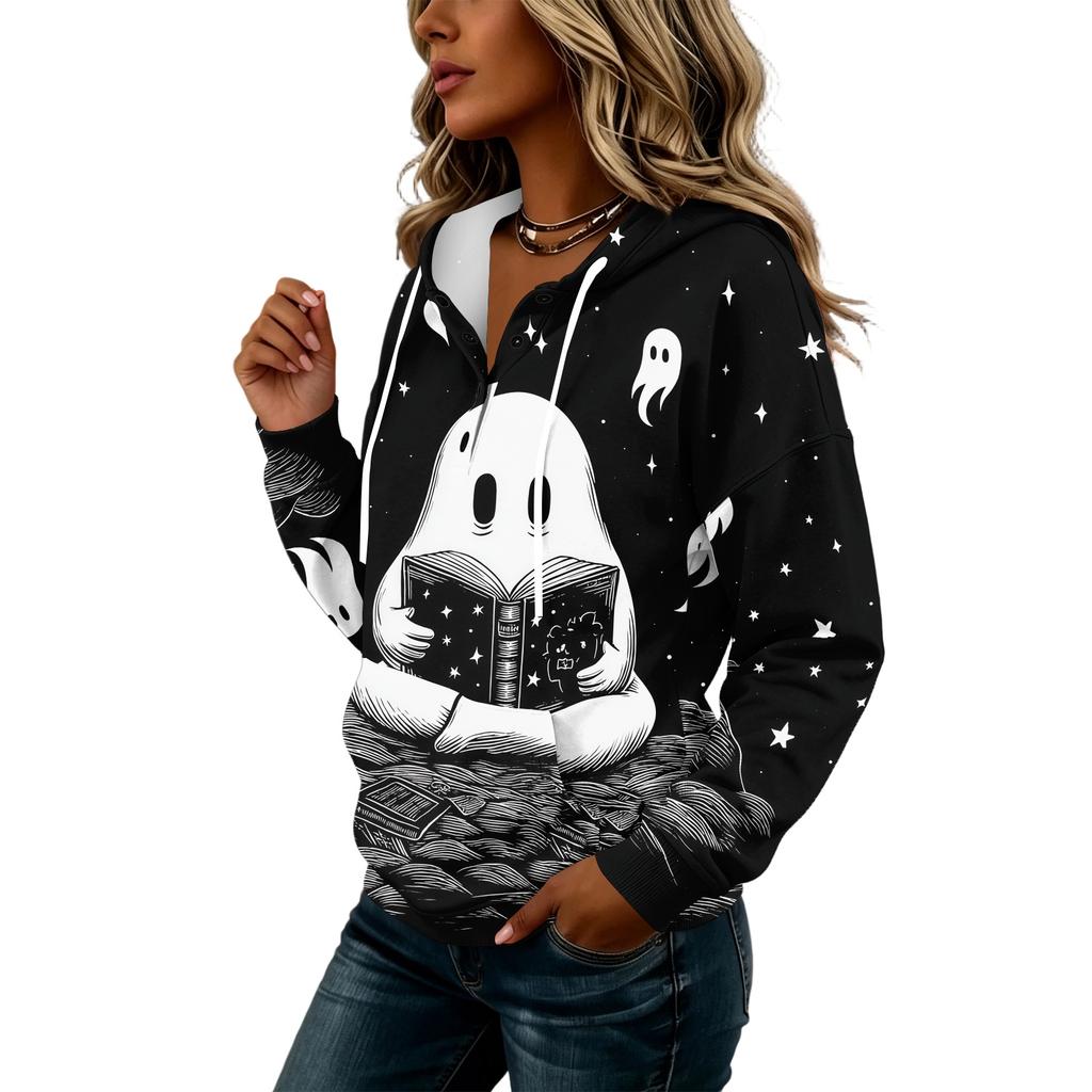Women's Halloween Print Hoodie Button Front Long Sleeve Sweatshirt