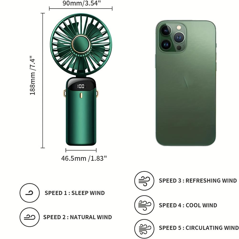 Handventilator mit 4000 mAh, Mini-Ventilator, faltbar, tragbar, zum Aufhängen am Hals, wiederaufladbarer Ventilator mit 5 Geschwindigkeiten, über USB, mit Telefonständer und Anzeigebildschirm