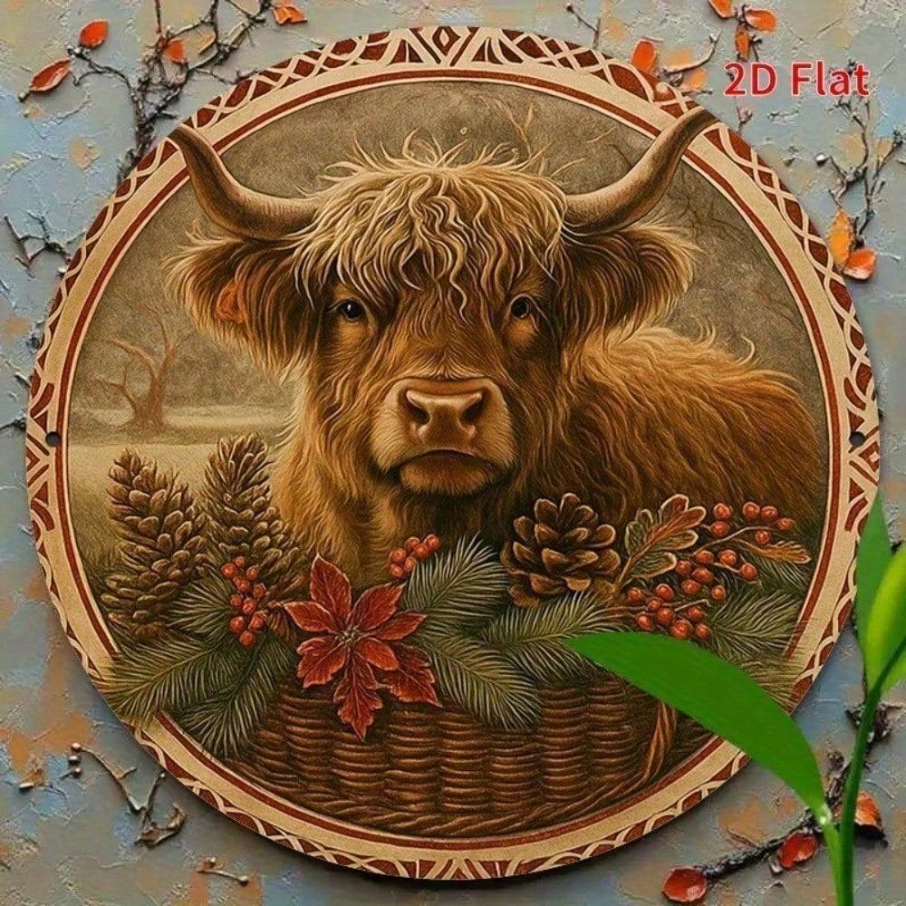 Funny Cow Metal Wall Art - Highland Cow Decor Round Farmhouse Sign, Brown Green Nature Inspired