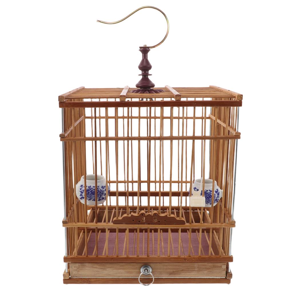 Bamboo Bird Cage Retro Rectangular Frame with Hanging Hook Carbonized for Finches Goldfinches Budgies Portable