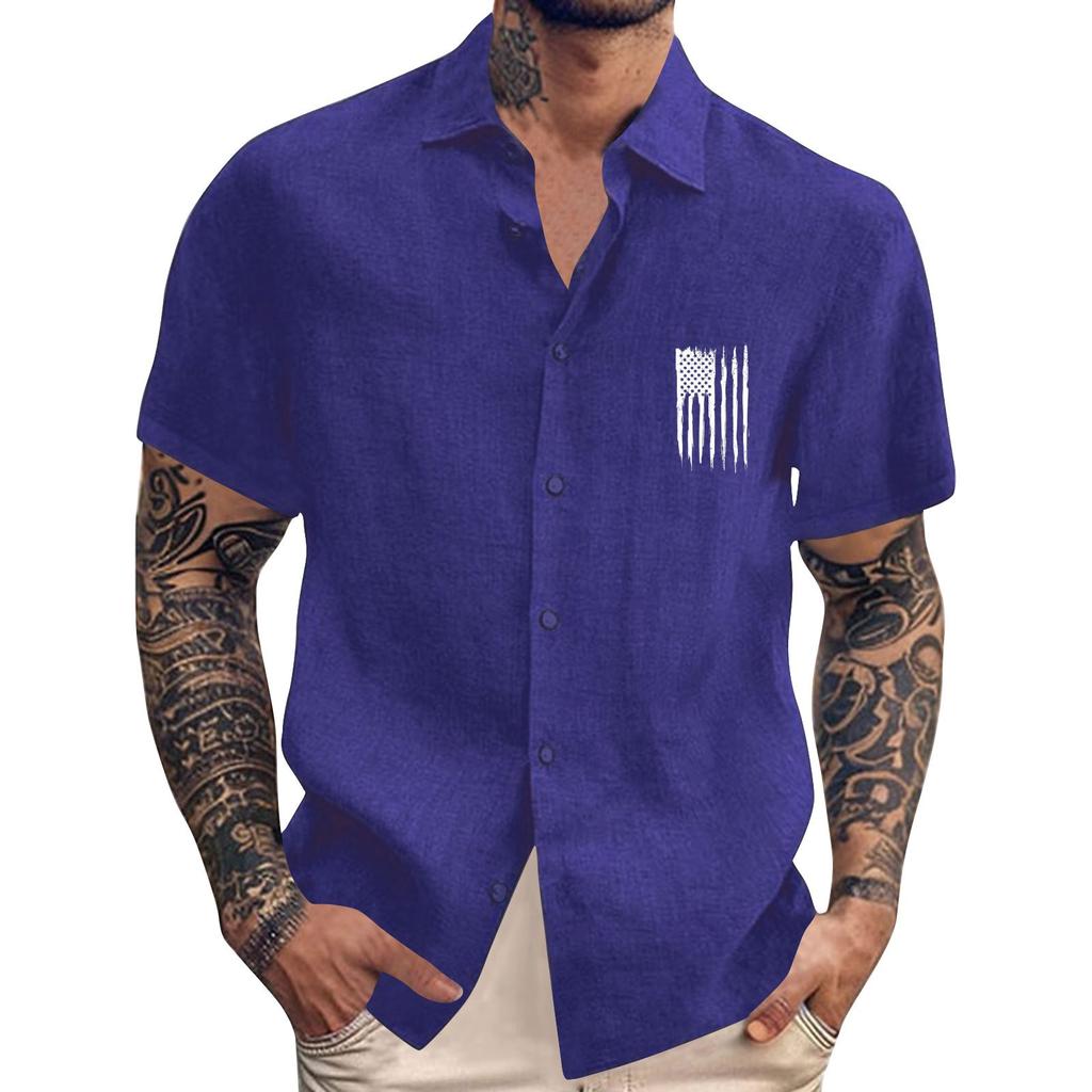 Men'S Casual Loose Short Sleeved Printed Shirt With Fashionable Lapel Top