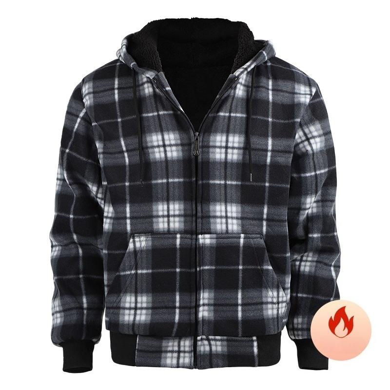 Warm Thick Fleece Plaid Shirt Jacket for Men Winter Sherpa Lined Hoodie Flannel Shirts Coat with Pockets Men's Windproof Zip Up Jackets with Hood