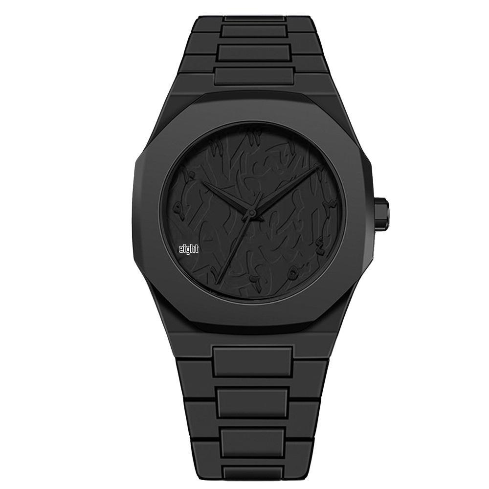 Herren Einfache Schwarze Quarzuhr mit Faltschließe und Öl-Tropf-Armband