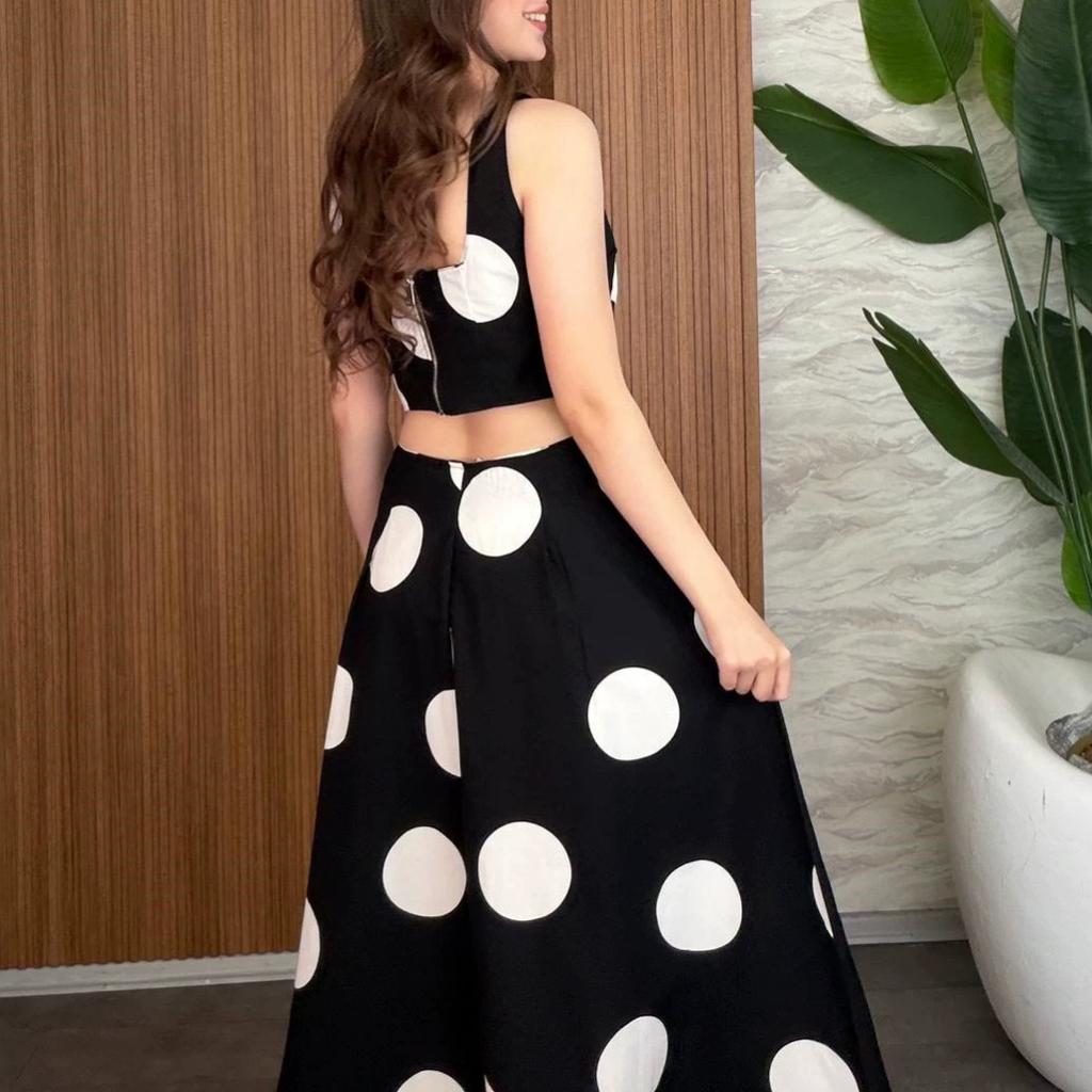  European and  women's clothing new big polka dot suspender short top high waist wide pendulum long skirt temperament set