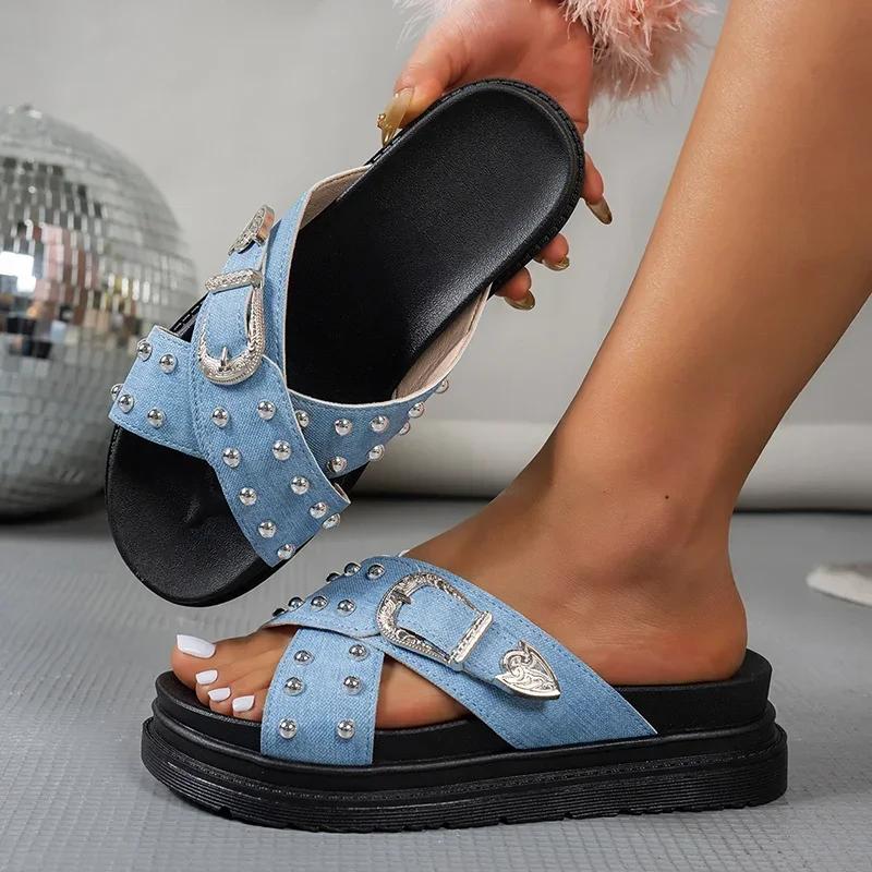 Fashion 2025 New Fashion Rivets Platform Sandals Women Blue Cross Strap Thick Sole Slippers Woman Plus Size Metal Buckle Summer Slides