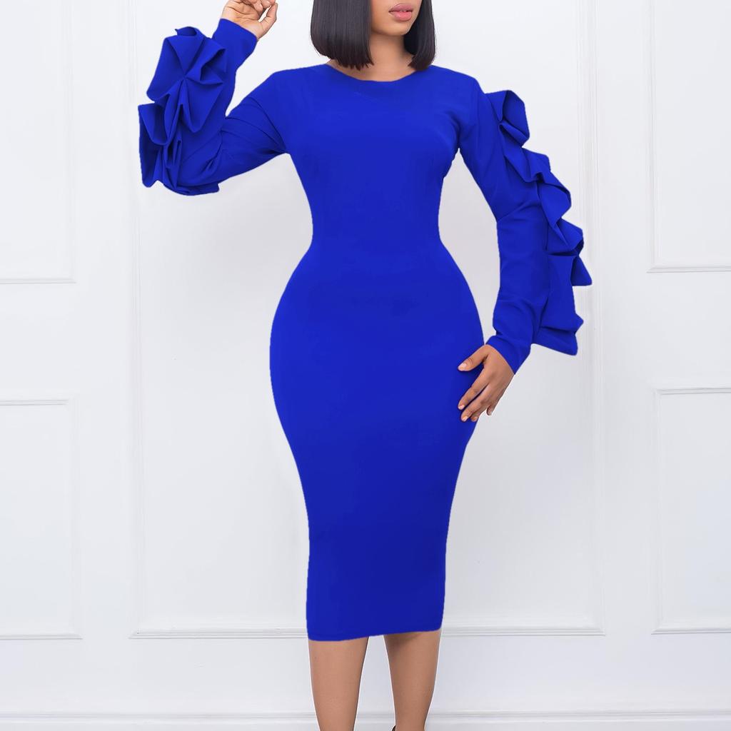 Long Sleeve Bodycon Dress Women Ruffles Sleeve Solid O Neck Package Hips Mid Calf Dress Clothes Robe