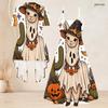 Women Plus Size Two Piece Set Short Sleeve Cardigan Strappy V Neck Flared Dress Halloween Panda Ghost Printed