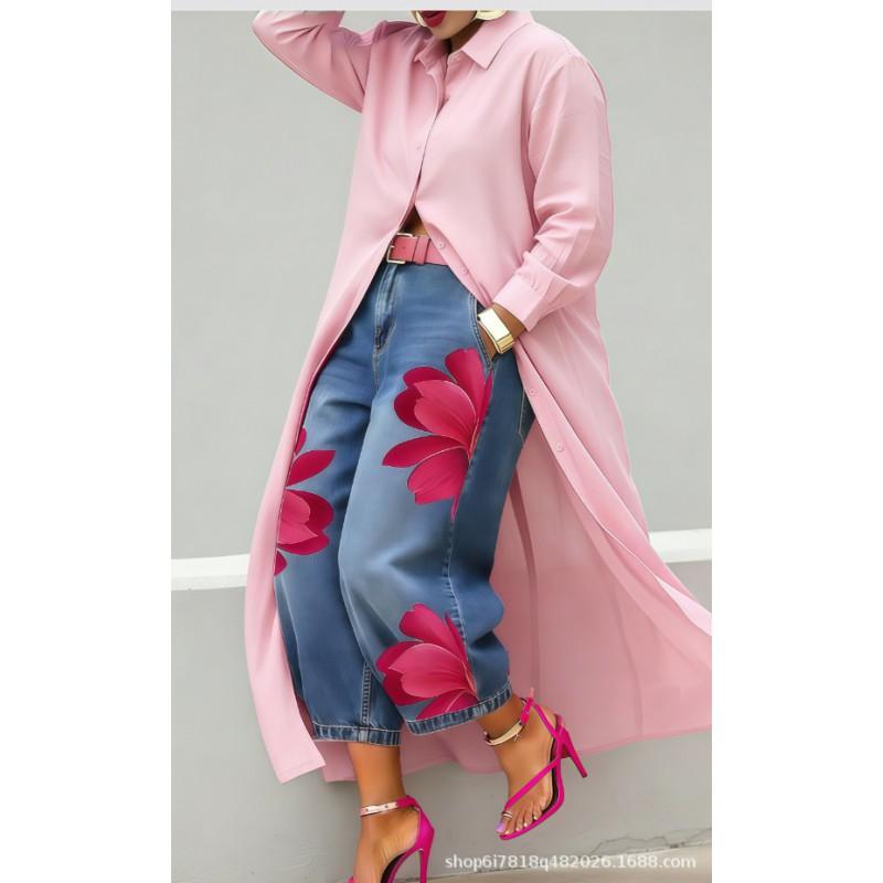 2026 Womens Wide Leg Denim Pants Loose Fit Printed Casual Trousers Mid-Rise Straight Cut