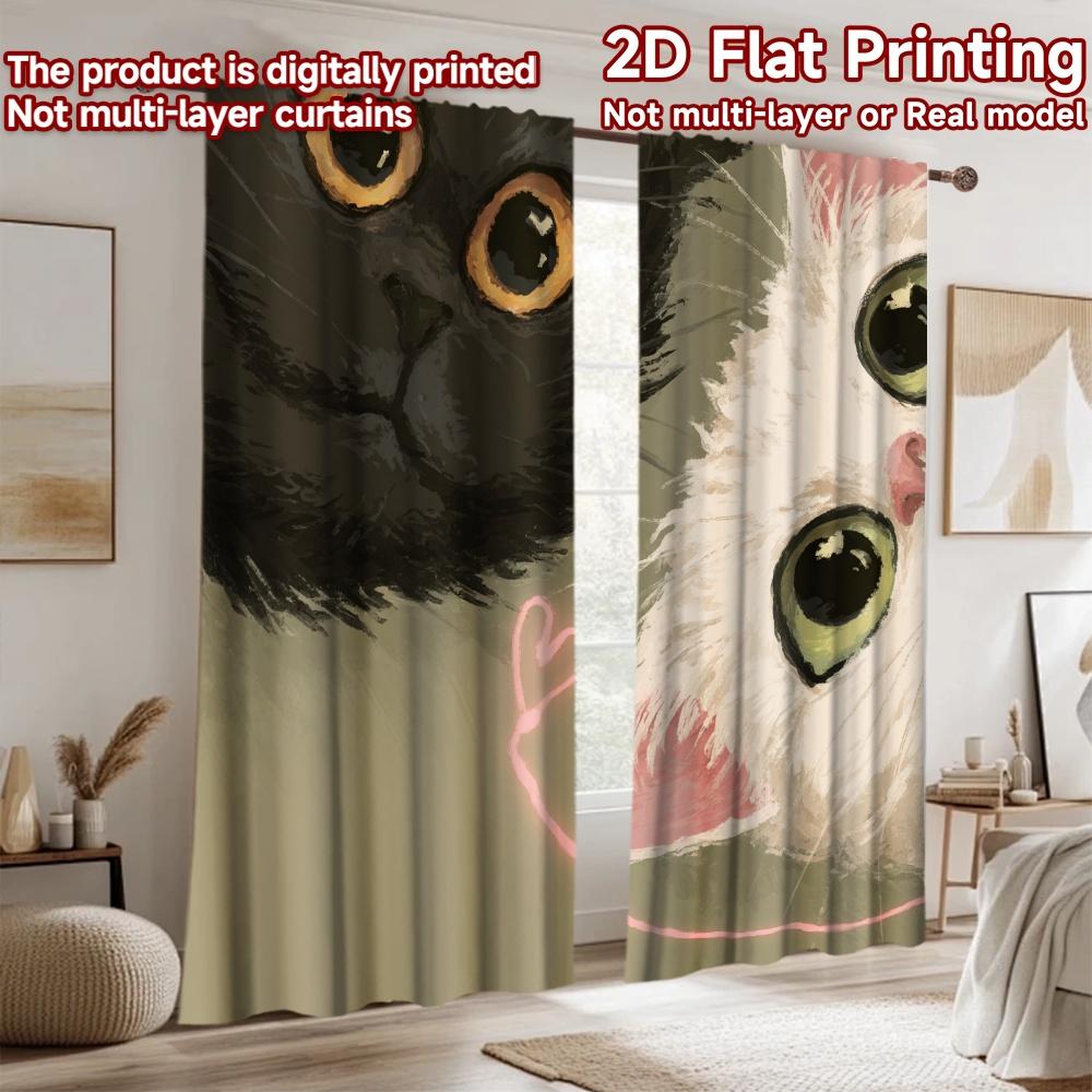 2D flat printing 2pcs Party Curtain Black White Cats Cute Digital Printed Polyester Drapes Festive Wall Decor Use for Drapes for