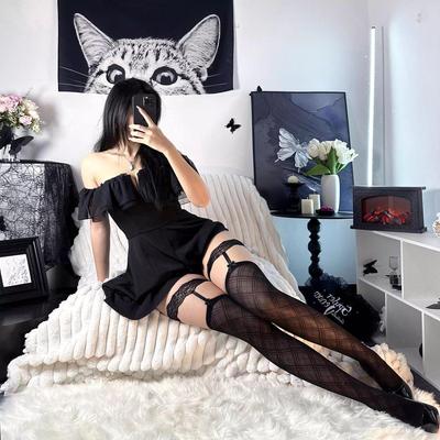 Mu Ruan Sexy krajkové podvazkové punčochy s černou pruhovanou mašlí