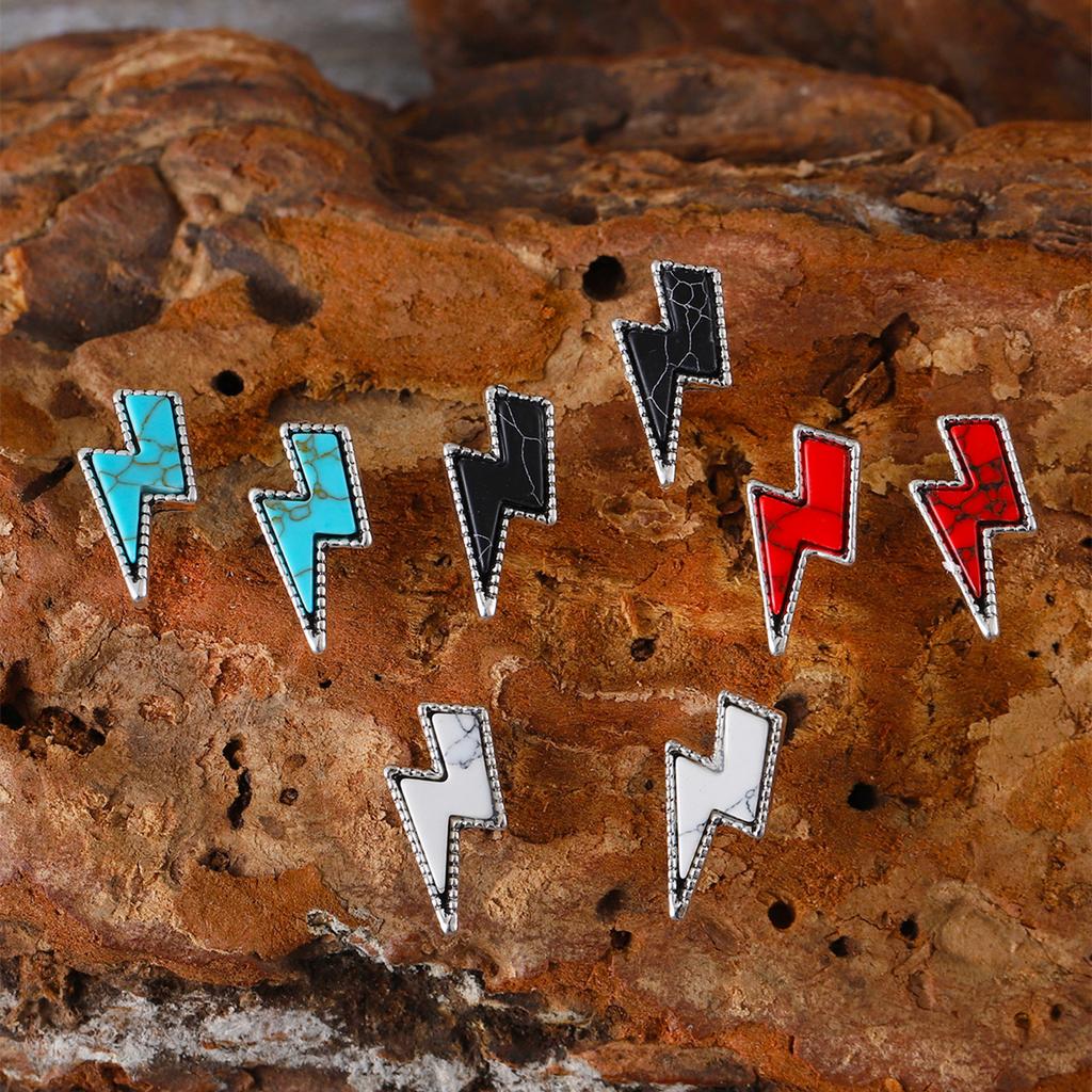 4 Pairs Bohemian Colorful Turquoise Lightning Ear Studs Earrings For Women Men Daily Wear Western Cowboy Cowgirl Jewelry Accessories Couple Gifts