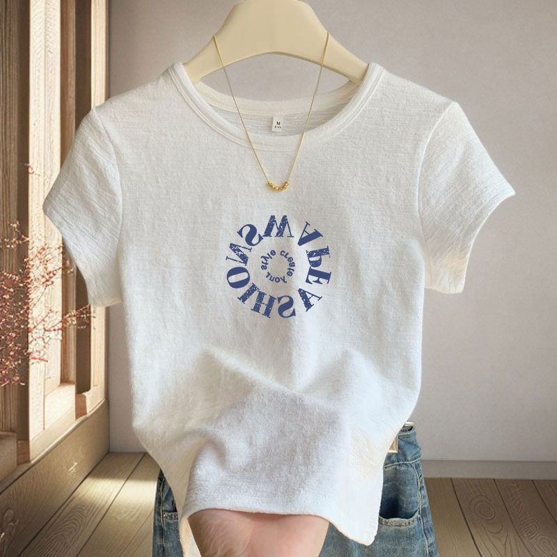 Summer Cotton Linen Round Neck Printed T-shirt Casual Short-sleeved Fashion New Style Slim Top