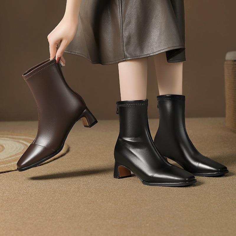 832-2 square head thick heel single boots rear zipper Martin boots 2025 autumn and winter new high heel versatile short boots bare boots