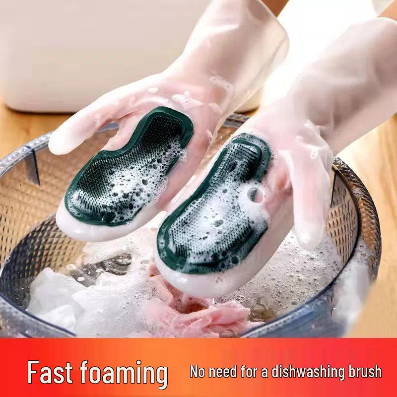 Waterproof Non-slip Silicone Dishwashing Gloves, Women's Household Cleaning Brush Durable Magic Scrubber.