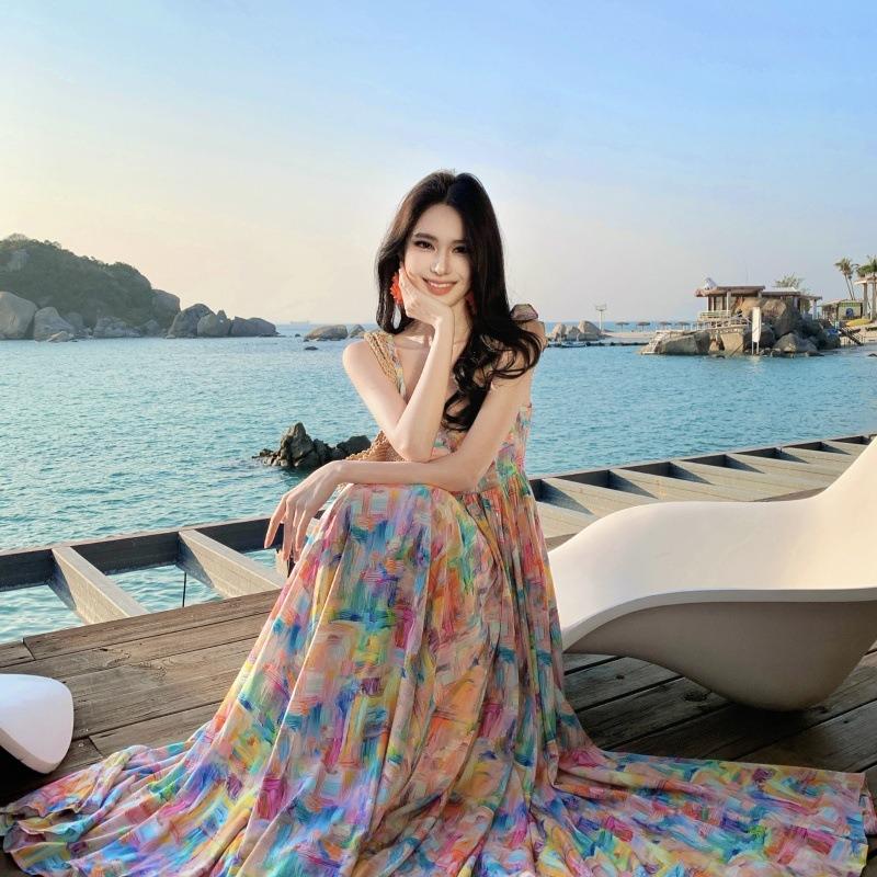 Seaside Vacation Dopamine Gentle and Beautiful Chiffon Print Suspender Dress Women's Summer Big Skirt Long Dress