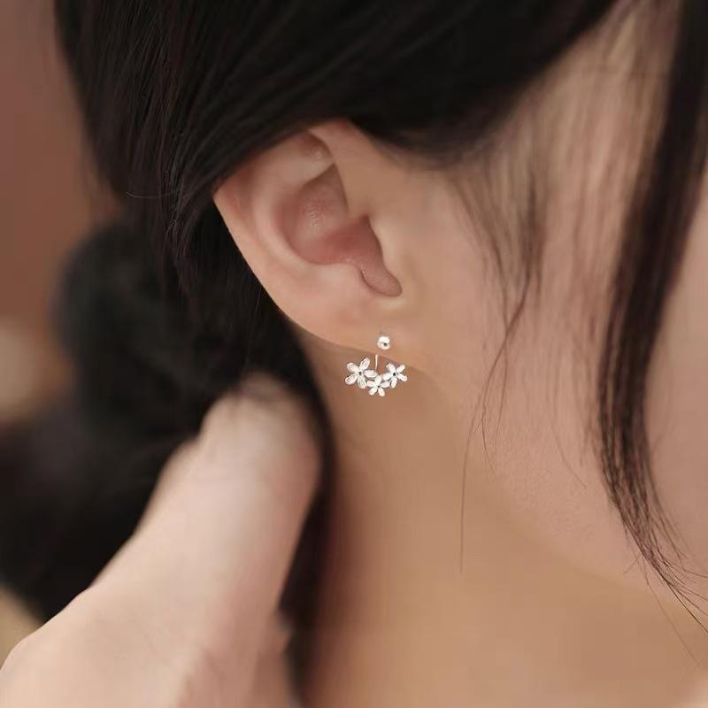 Real 925 Silver Flower Bead Screw Plant Stud Earrings For Women Classic Fine Jewelry Light Accessories