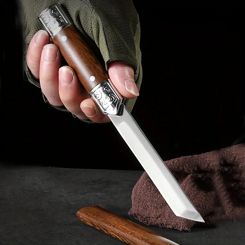Bärbar kniv i rostfritt stål med snidat handtag för utomhus- och bruksbruk