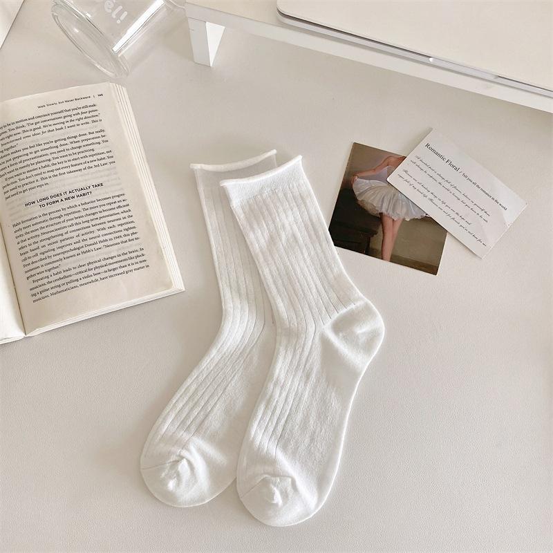 

White Vertical Rolled-up Socks for Girls, Pure Cotton Spring and Summer Thin Style, Solid Color Mid-calf Socks for Students, Long Socks 1 pair чистий білий колір
