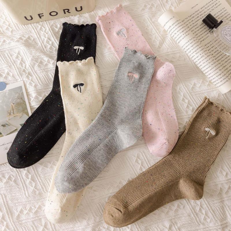 Pointed Yarn Pile Socks - Children's Autumn and Winter Embroidered Bow Tie Mid-calf Socks, Trendy and Versatile Lace Long Socks