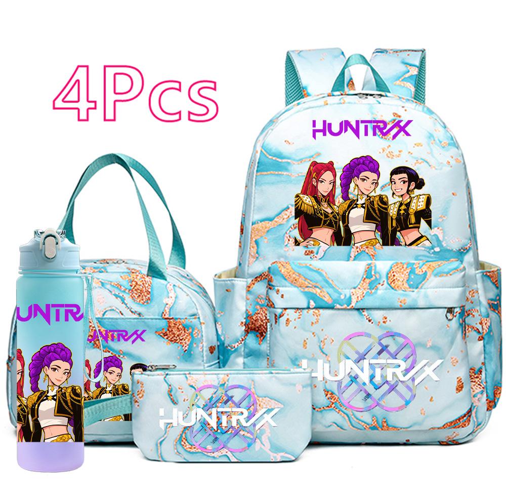4Pcs/set Cartoon K-Pop Printed Large Capacity Backpack Handbag Pencil Case with 750Ml Water Bottler for Teenager Boy Girl Schoolbag Bookbag Kid Gift