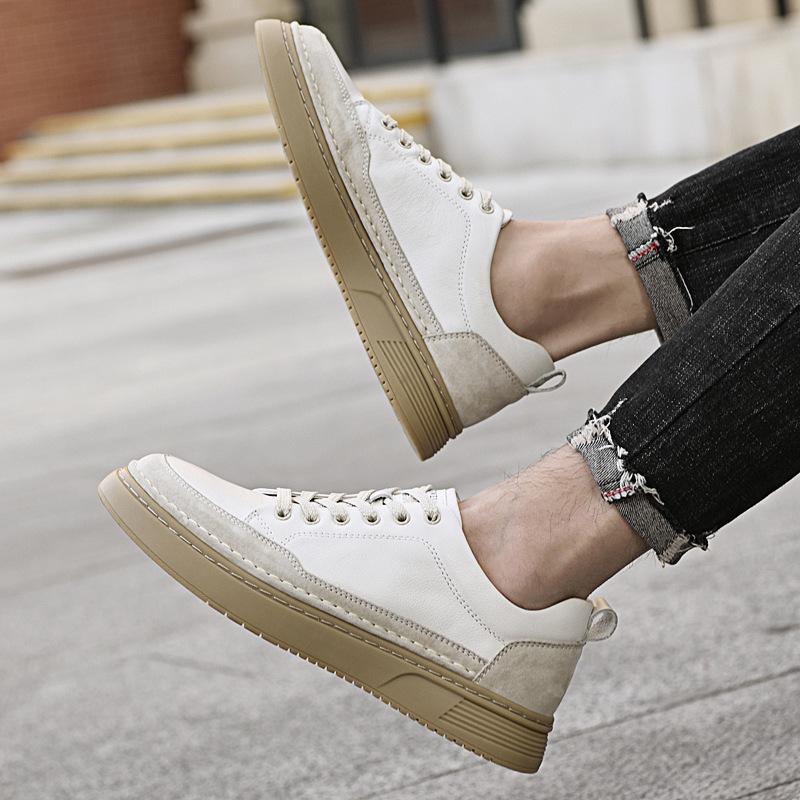 Men's shoes autumn first-layer cowhide white shoes trendy British style thick-soled lightweight sports shoes casual board shoes men