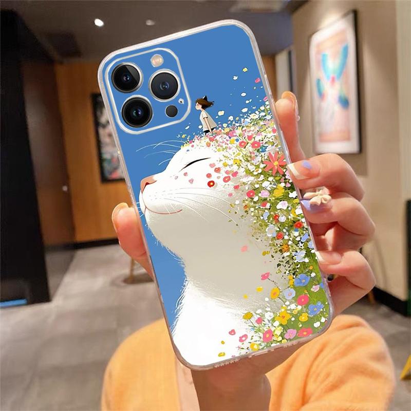 Cute White Cat Phone Case For iPhone 17 Pro Max Air 17 16 15 14 13 Pro Max 15 16 Pro 15Plus Silicone Cover