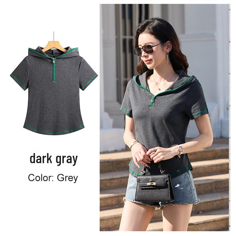 Women's Slim Fit Hooded Short Sleeve Zipper T-shirt - New Korean Style 2026, Solid Color Fashionable Top