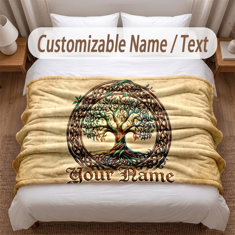 Tree of Life Theme Soft Blanket Personalized Custom Name Text Print Warm Blanket Home Sofa Bedroom Decor