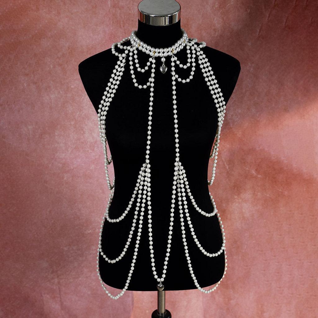Classic Pearl Multilayer Body Chain With Heart Pendant For Elegant Party Wear