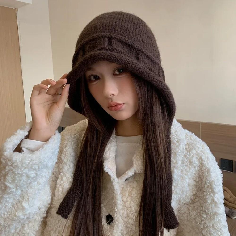 Cute Lace-up Design Knitted Hats Warm Windproof Pullover Hat Adjustable Winter Hats