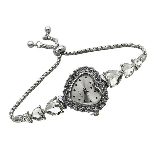 Women's Heart Shaped Bracelet Watch Rhinestone Heart Quartz Wristwatch Adjustable Slider Bracelet Dress Watch