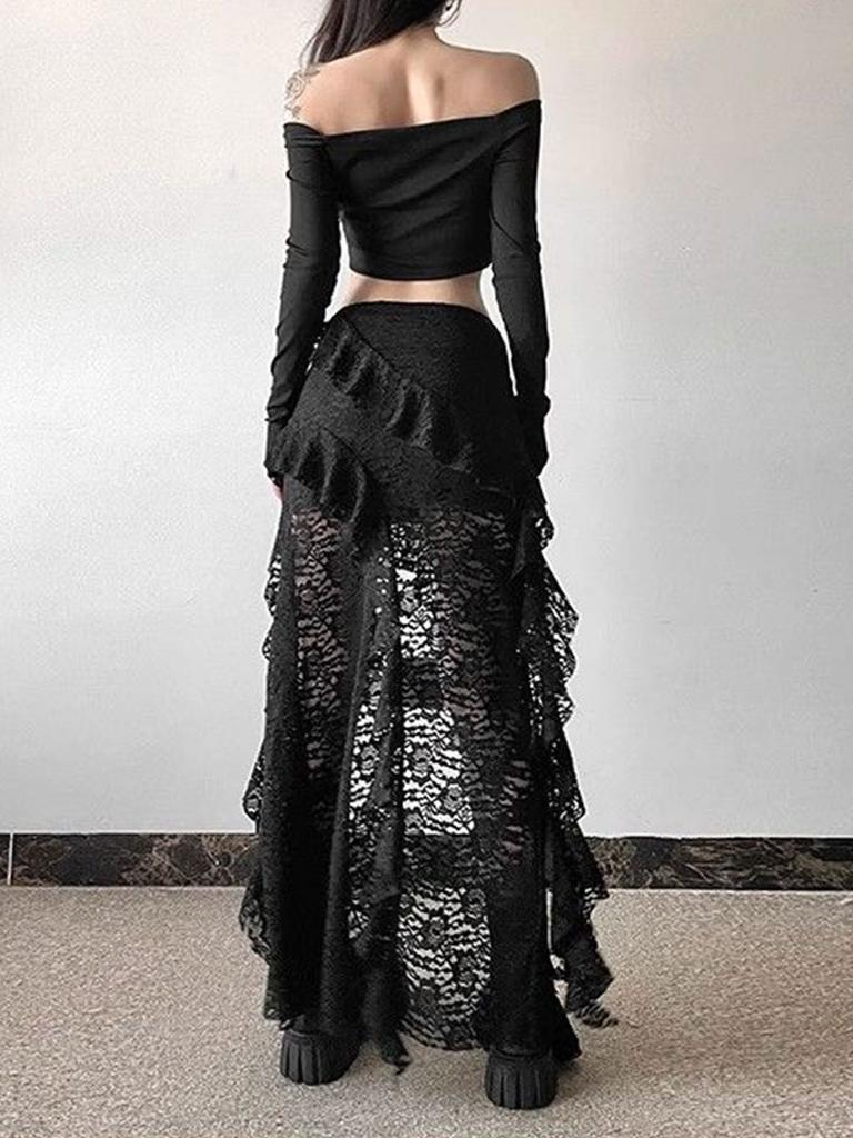 Women's Lace Spliced Skirts Black High Waist Ruffle Irregular Long Skirt Gothic Style Streetwear Summer