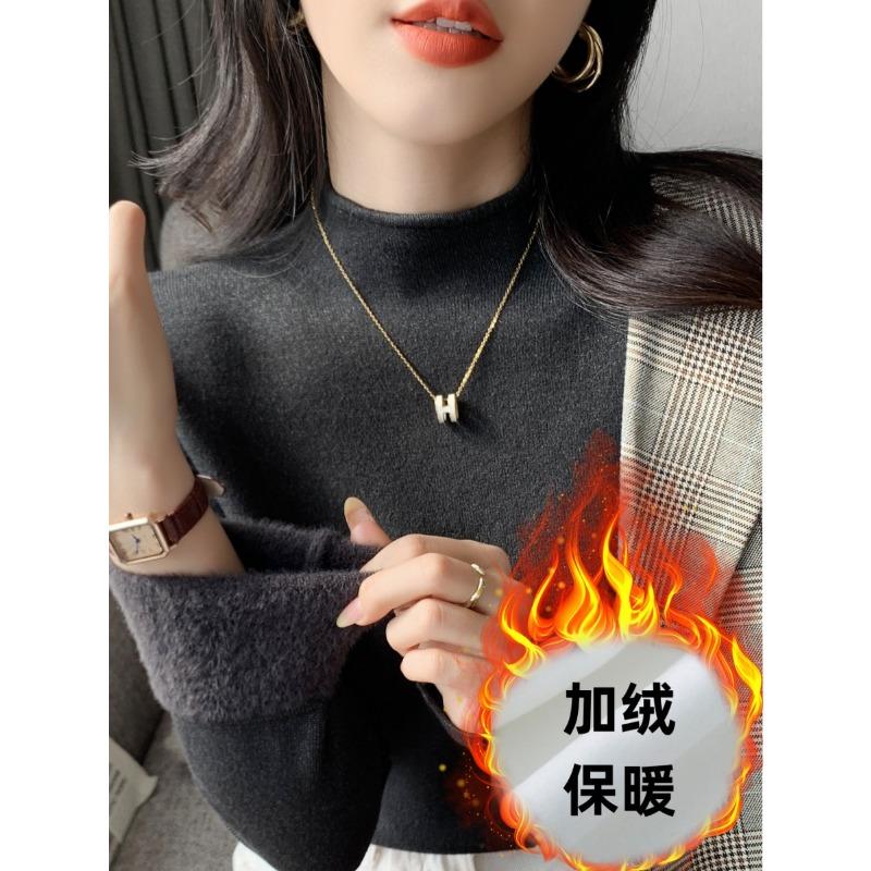 Temperament Soft Waxy Semi-turtleneck Sweater Bottoming Shirt Women's Autumn and Winter Velvet Thickened Solid Color Knitted Top with Inside