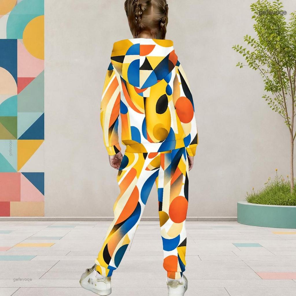 Girls Colorful Geometric Printed Hooded Long Sleeve Two Piece Pants Set Kangaroo Pocket Cuffed Pants