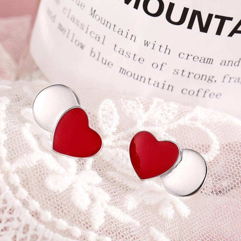 New Year S925 Sterling Silver Asymmetrical Red Heart Splicing Stud Earrings - Korean Light Luxury Jewelry