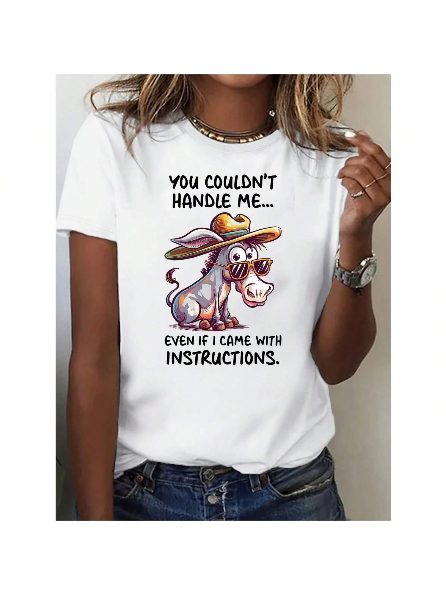 Wounisex s Funny You Couldn t Handle Me Cartoon Print Short Sleeve T-Shirt Comfortable & Breathable For Spring Summer S разноцветный