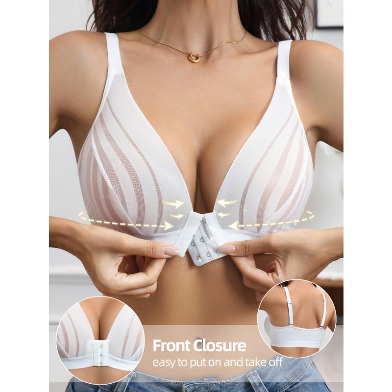 Sexy Sheer Striped Mesh Bra Front Closure Wireless Support Underwear S белый
