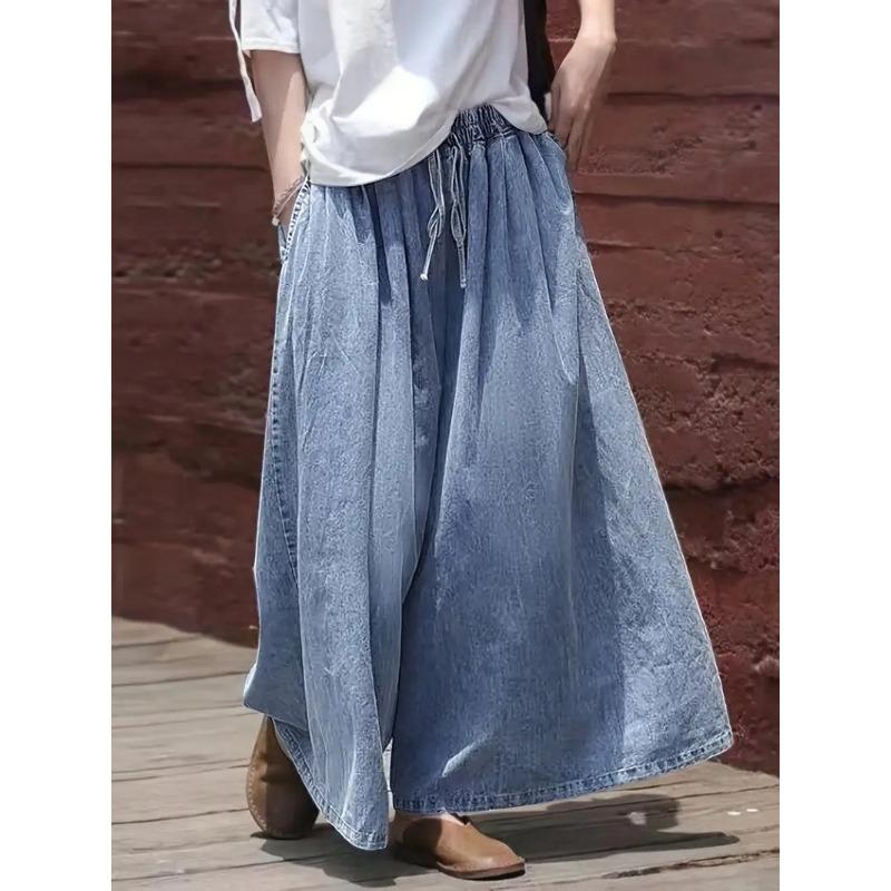 Damenjeans Schnürung Denim Weiter Bein Hosen Literarisch Retro Locker Lässig Gewaschene Hosen