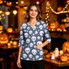 Women's Casual Uniform Top with Halloween Print, V-Neck, Three-Quarter Sleeves, Pockets, Side Slit