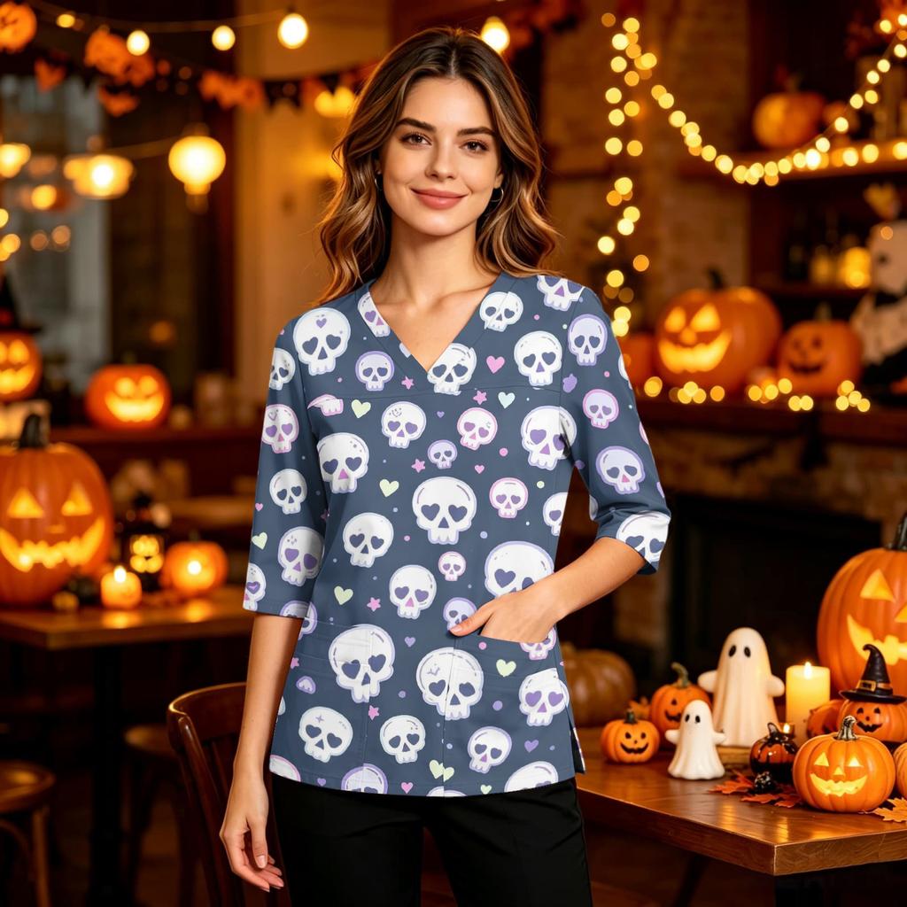 Women's Casual Uniform Top with Halloween Print, V-Neck, Three-Quarter Sleeves, Pockets, Side Slit